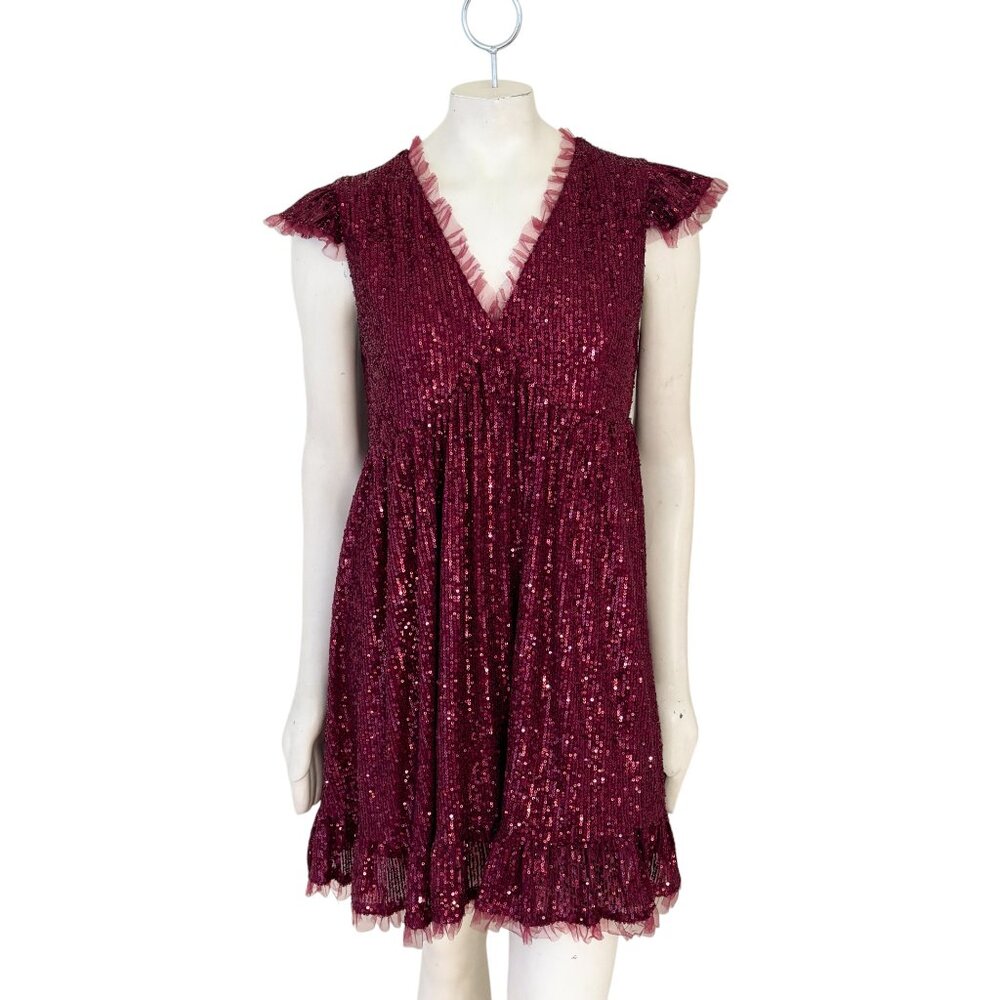 Sparkly Burgundy V-Neck Mini Dress with Ruffle Trim